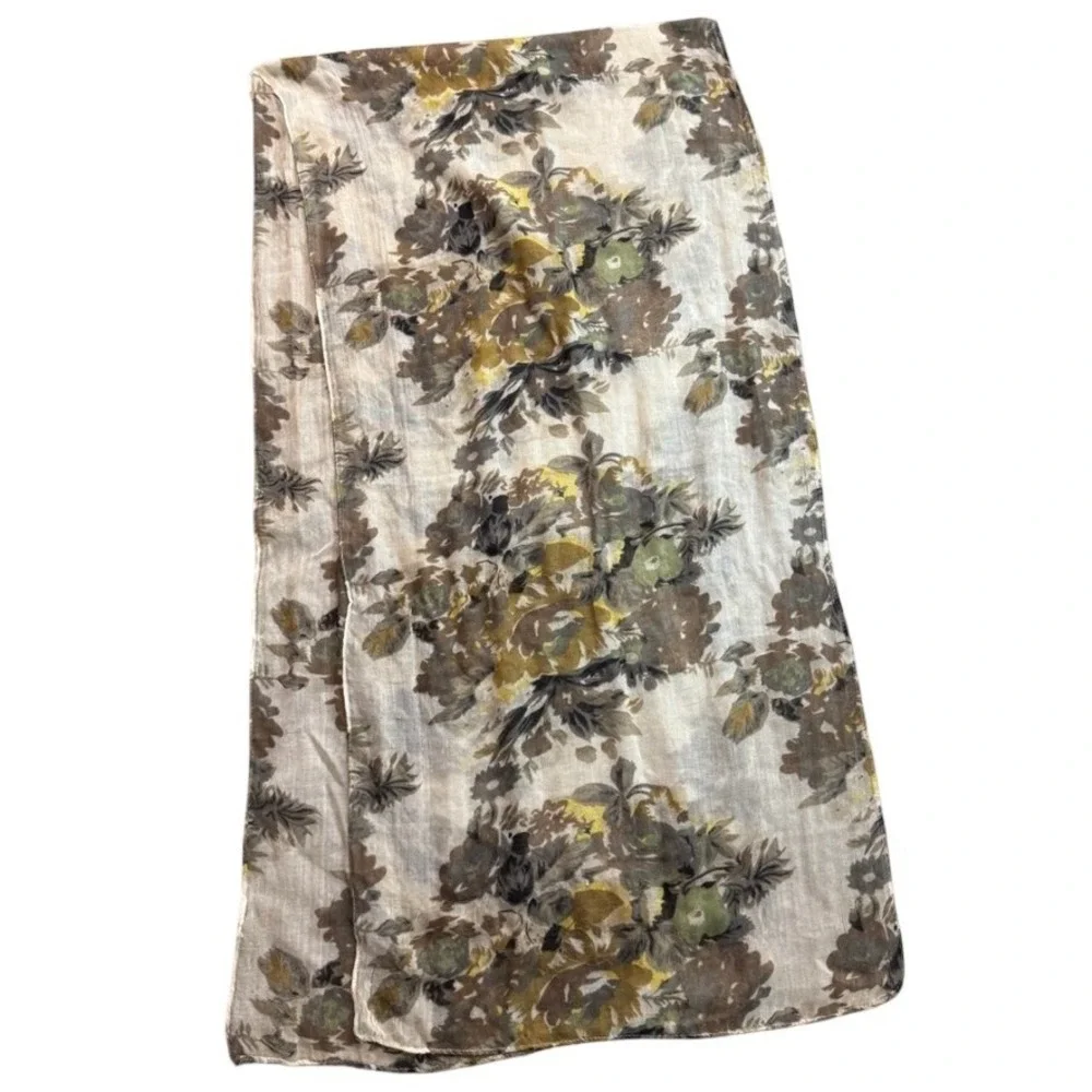 Vintage Floral Print Gauze Scarf Brown Green Yellow Earth Tones Rectangular